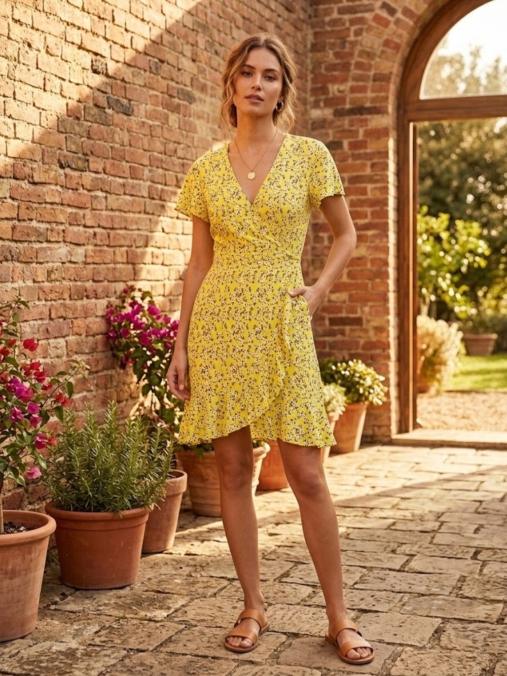 Love Yellow Floral Wrap Midi Dress